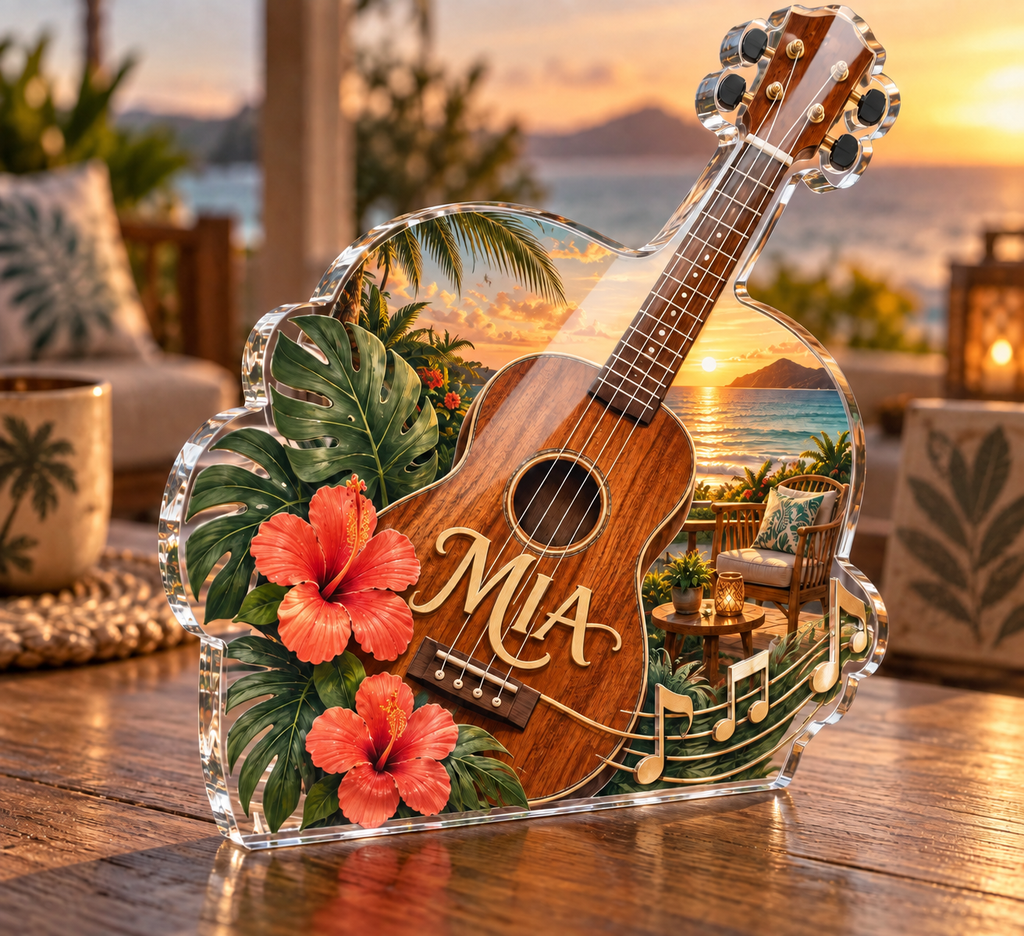 Artwork visualization: Ukulele — retirement hobby gift, personalized MIA, subject-shaped acrylic with printed optical 3D depth; not carved relief.