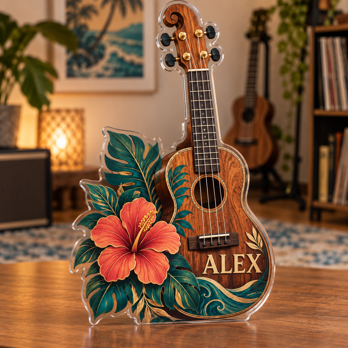 Artwork visualization: Ukulele — hobby room centerpiece, personalized ALEX, subject-shaped acrylic with printed optical 3D depth; not carved relief.