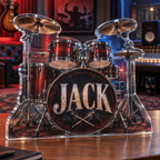 Artwork visualization: Drum kit — studio wall identity, personalized JACK, subject-shaped acrylic with printed optical 3D depth; not carved relief.