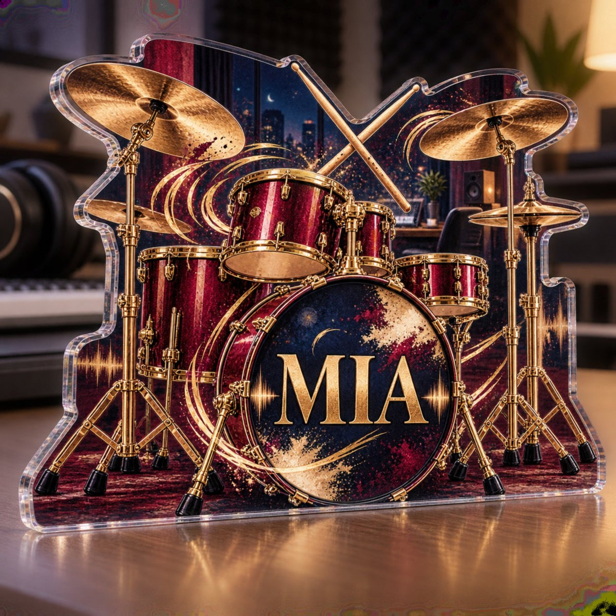 Personalized Drum Kit Creative Desk Setup custom shape acrylic plaque with an example name set into the artwork, digital preview