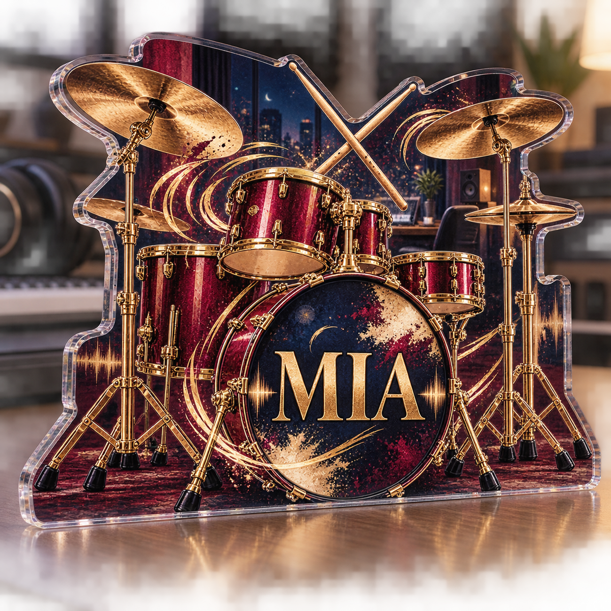 Artwork visualization: Drum kit — creative desk setup, personalized MIA, subject-shaped acrylic with printed optical 3D depth; not carved relief.
