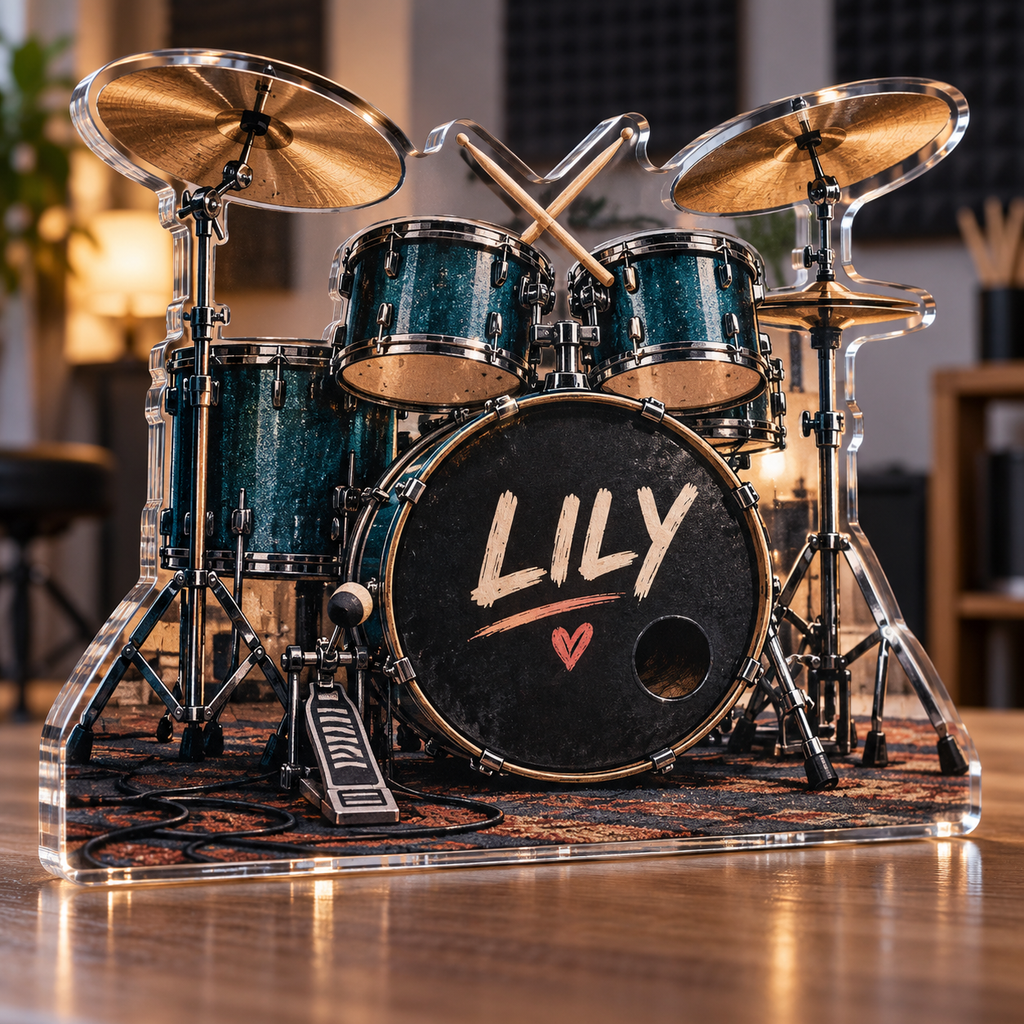 Artwork visualization: Drum kit — beginner encouragement, personalized LILY, subject-shaped acrylic with printed optical 3D depth; not carved relief.