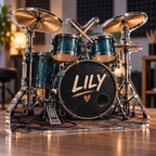 Artwork visualization: Drum kit — beginner encouragement, personalized LILY, subject-shaped acrylic with printed optical 3D depth; not carved relief.