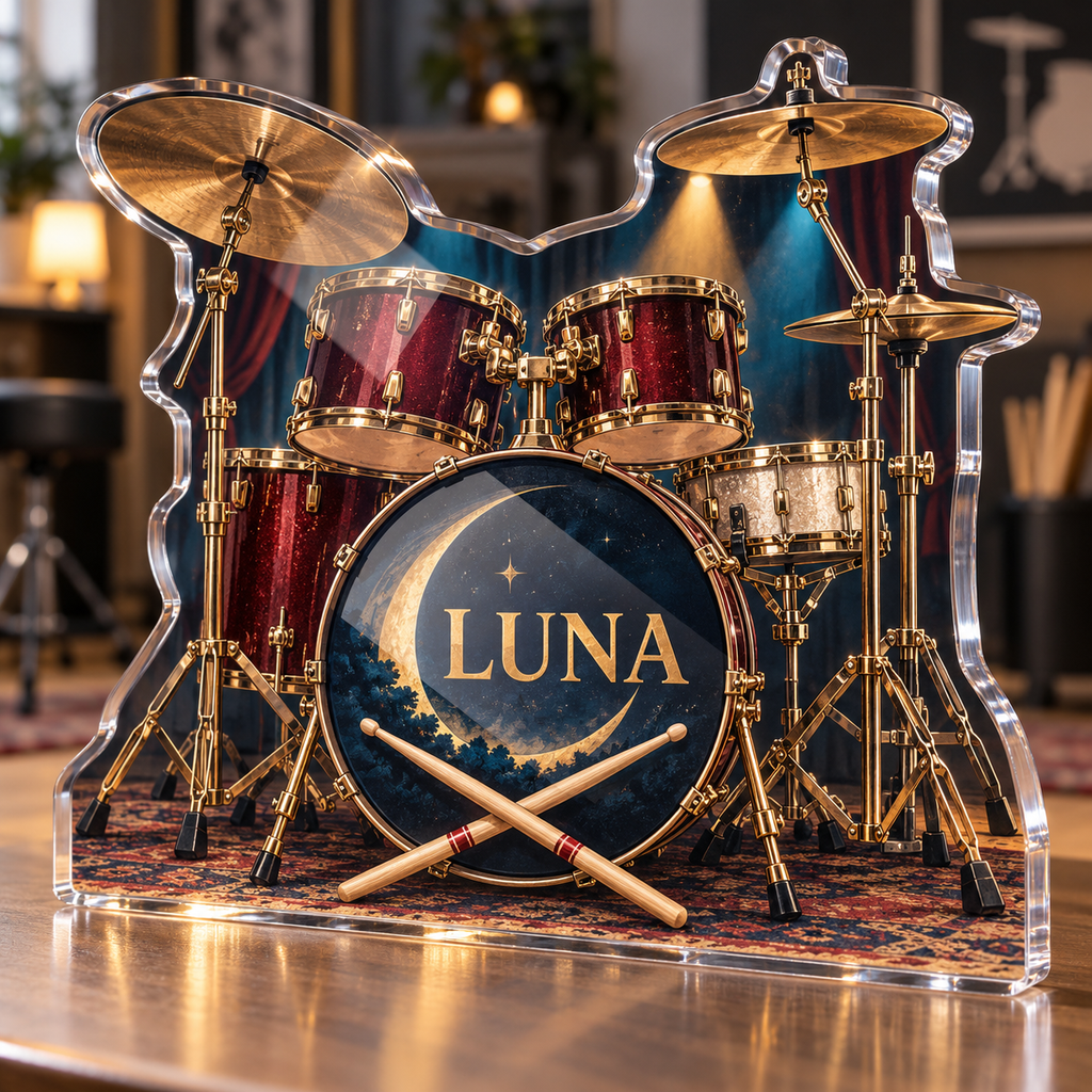 Artwork visualization: Drum kit — mentor appreciation, personalized LUNA, subject-shaped acrylic with printed optical 3D depth; not carved relief.