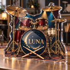 Artwork visualization: Drum kit — mentor appreciation, personalized LUNA, subject-shaped acrylic with printed optical 3D depth; not carved relief.