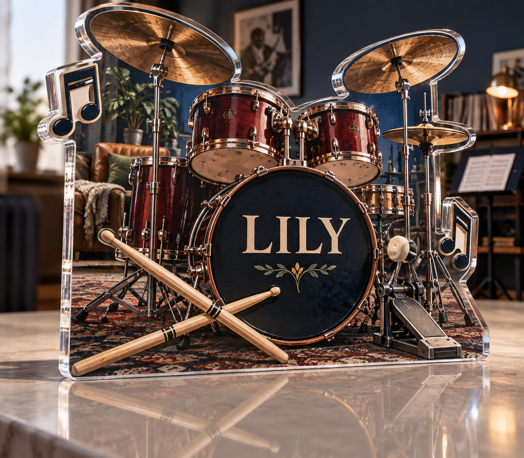 Artwork visualization: Drum kit — retirement hobby gift, personalized LILY, subject-shaped acrylic with printed optical 3D depth; not carved relief.
