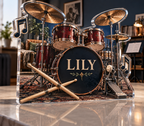 Artwork visualization: Drum kit — retirement hobby gift, personalized LILY, subject-shaped acrylic with printed optical 3D depth; not carved relief.