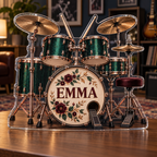 Artwork visualization: Drum kit — hobby room centerpiece, personalized EMMA, subject-shaped acrylic with printed optical 3D depth; not carved relief.