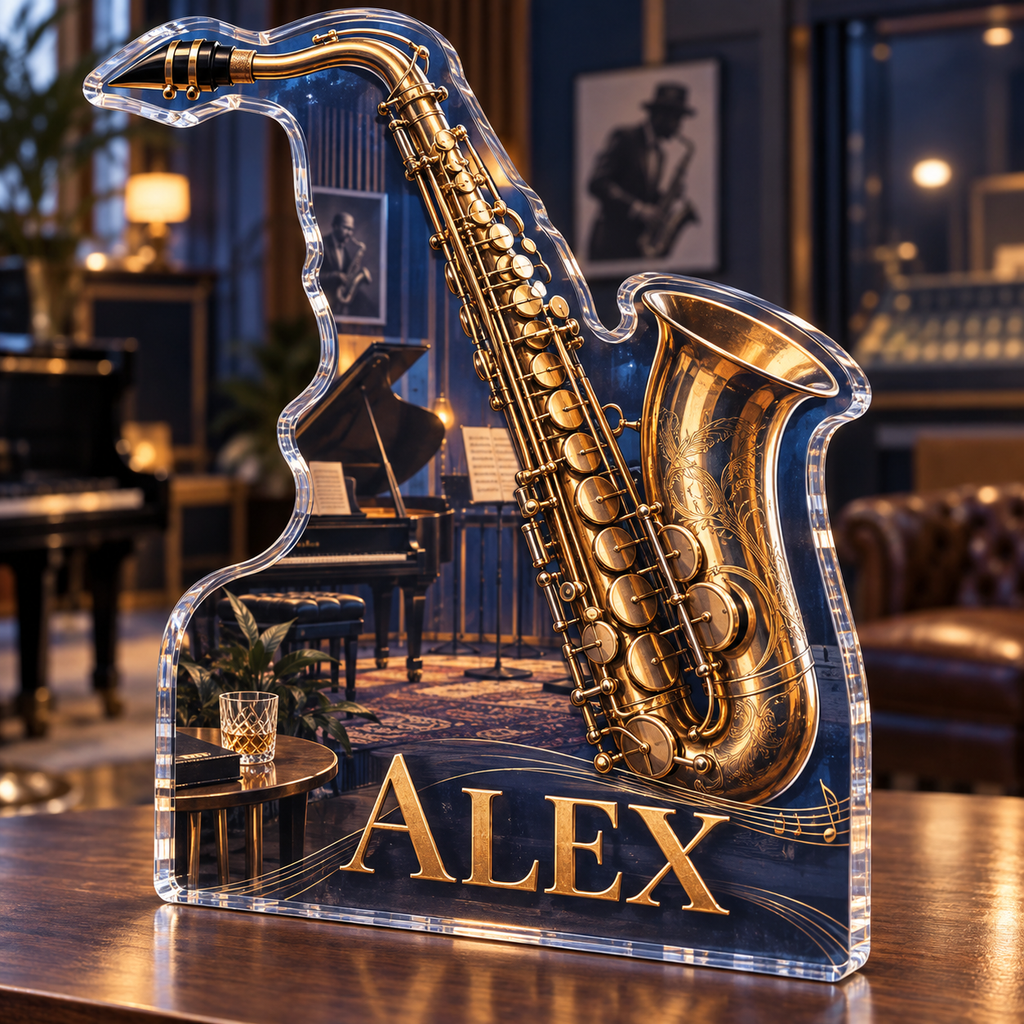 Artwork visualization: Saxophone — studio wall identity, personalized ALEX, subject-shaped acrylic with printed optical 3D depth; not carved relief.