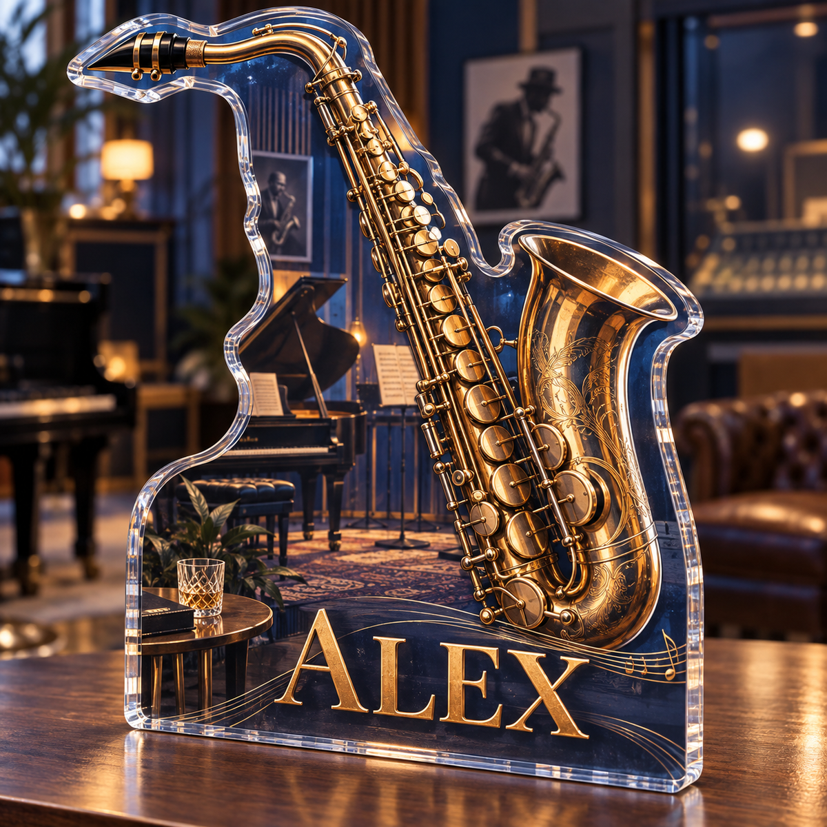 Artwork visualization: Saxophone — studio wall identity, personalized ALEX, subject-shaped acrylic with printed optical 3D depth; not carved relief.