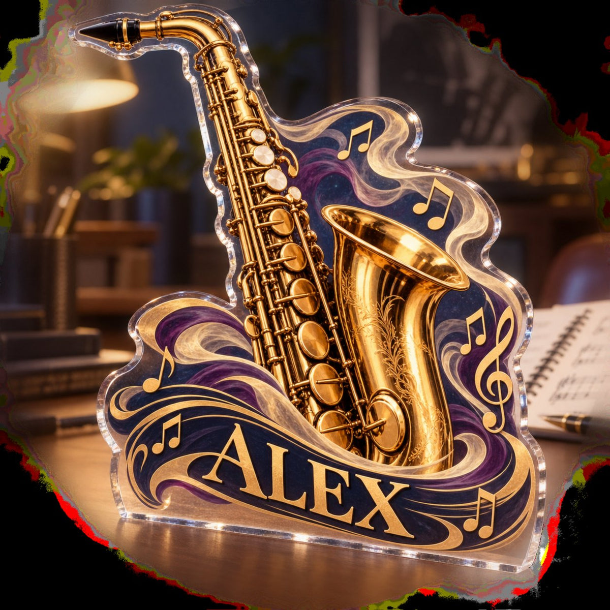 Personalized Saxophone Creative Desk Setup custom shape acrylic plaque with an example name set into the artwork, digital preview