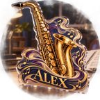 Artwork visualization: Saxophone — creative desk setup, personalized ALEX, subject-shaped acrylic with printed optical 3D depth; not carved relief.
