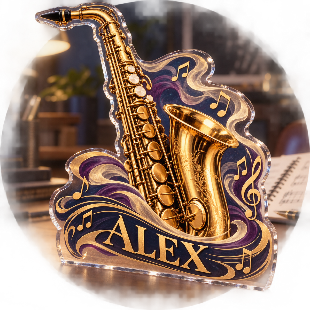 Artwork visualization: Saxophone — creative desk setup, personalized ALEX, subject-shaped acrylic with printed optical 3D depth; not carved relief.