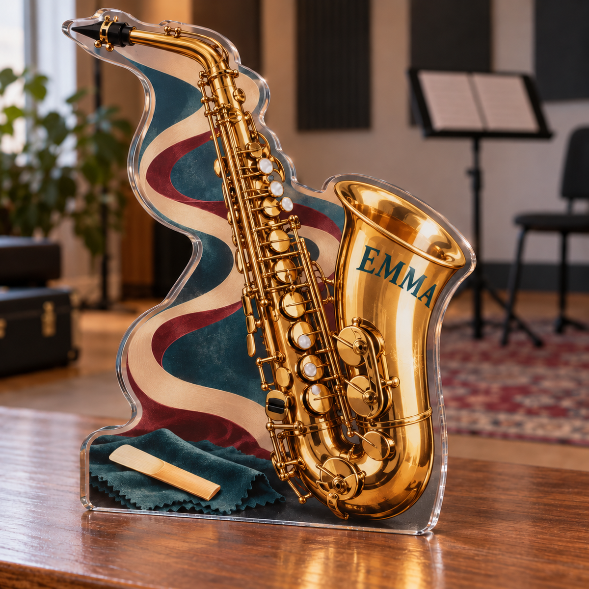 Artwork visualization: Saxophone — beginner encouragement, personalized EMMA, subject-shaped acrylic with printed optical 3D depth; not carved relief.