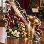 Artwork visualization: Saxophone — mentor appreciation, personalized EMMA, subject-shaped acrylic with printed optical 3D depth; not carved relief.