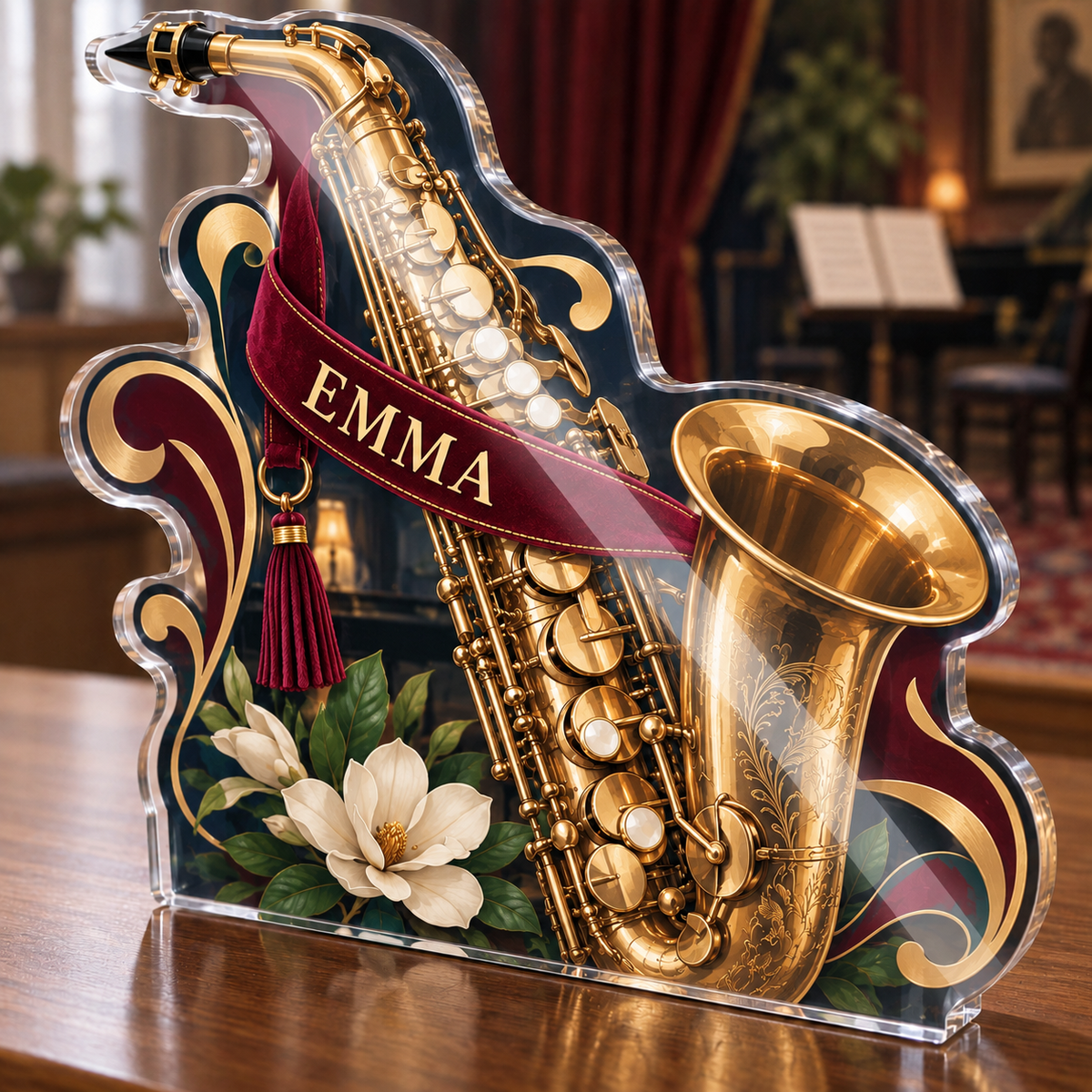 Artwork visualization: Saxophone — mentor appreciation, personalized EMMA, subject-shaped acrylic with printed optical 3D depth; not carved relief.