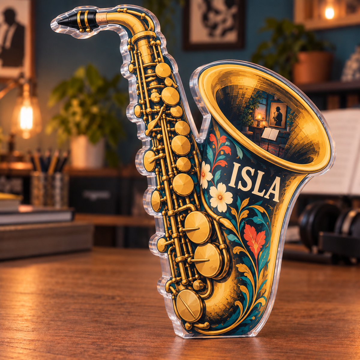 Personalized Saxophone — Hobby Room Centerpiece acrylic plaque with an example name set into the artwork, digital preview
