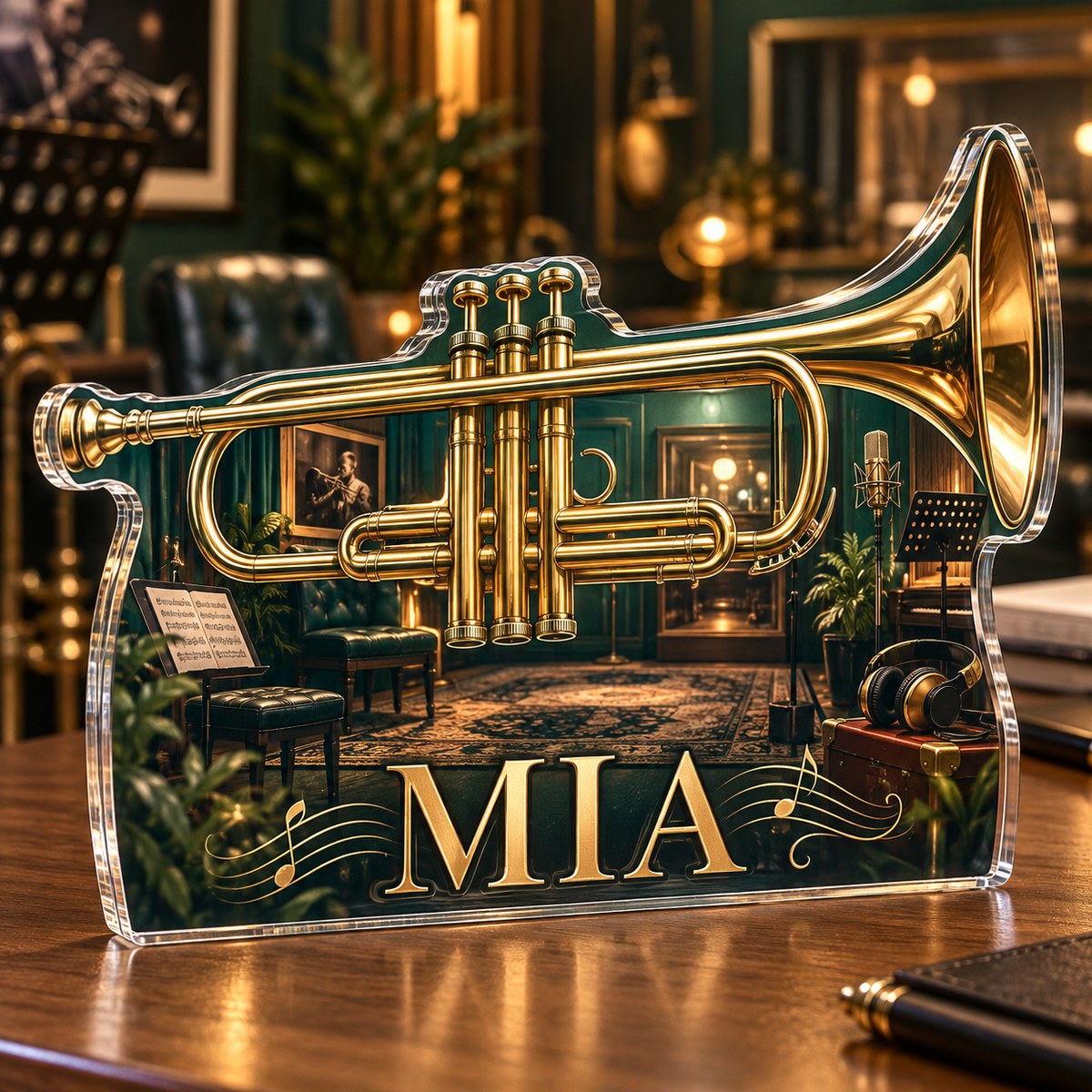 Artwork visualization: Trumpet — studio wall identity, personalized MIA, subject-shaped acrylic with printed optical 3D depth; not carved relief.