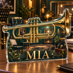 Artwork visualization: Trumpet — studio wall identity, personalized MIA, subject-shaped acrylic with printed optical 3D depth; not carved relief.