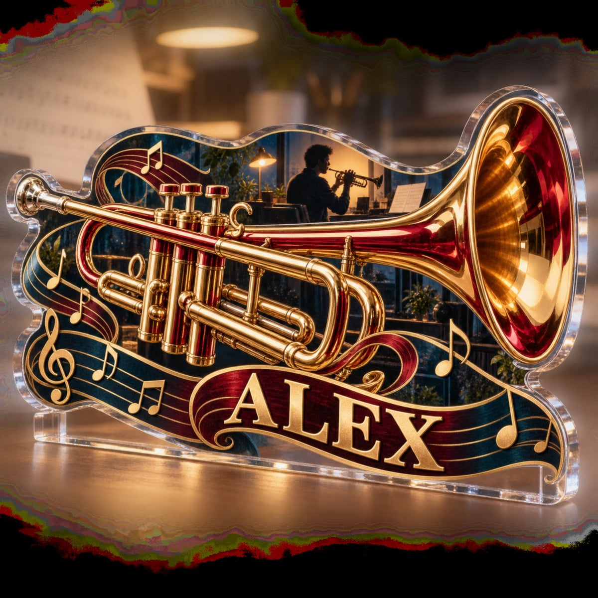 Personalized Trumpet Creative Desk Setup custom shape acrylic plaque with an example name set into the artwork, digital preview