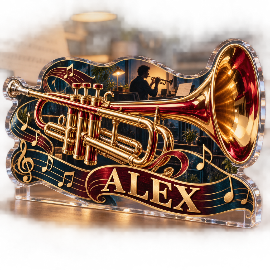Artwork visualization: Trumpet — creative desk setup, personalized ALEX, subject-shaped acrylic with printed optical 3D depth; not carved relief.