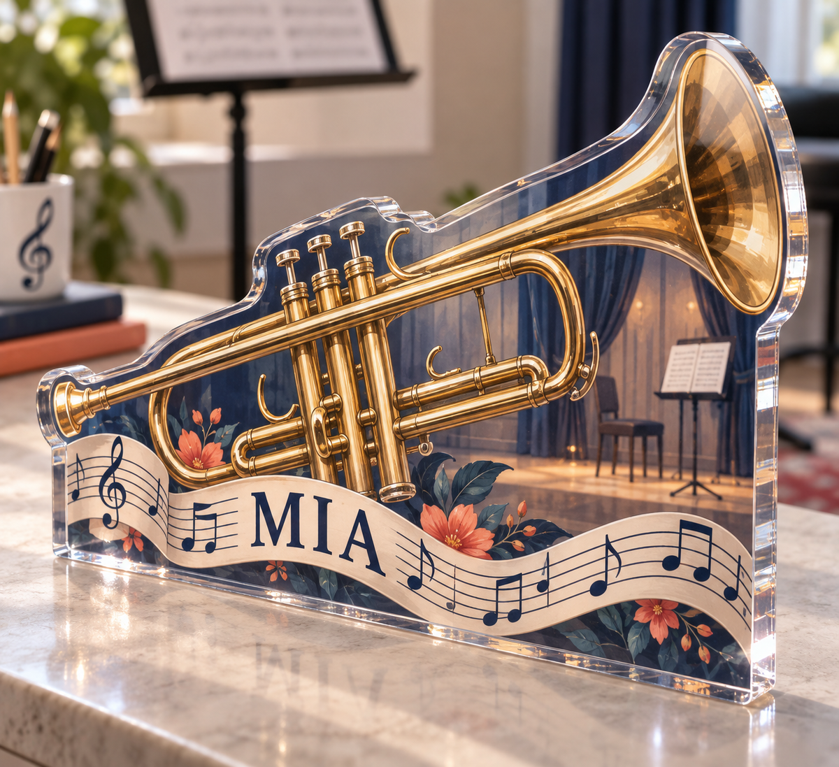 Artwork visualization: Trumpet — beginner encouragement, personalized MIA, subject-shaped acrylic with printed optical 3D depth; not carved relief.
