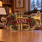 Artwork visualization: Trumpet — mentor appreciation, personalized LUNA, subject-shaped acrylic with printed optical 3D depth; not carved relief.