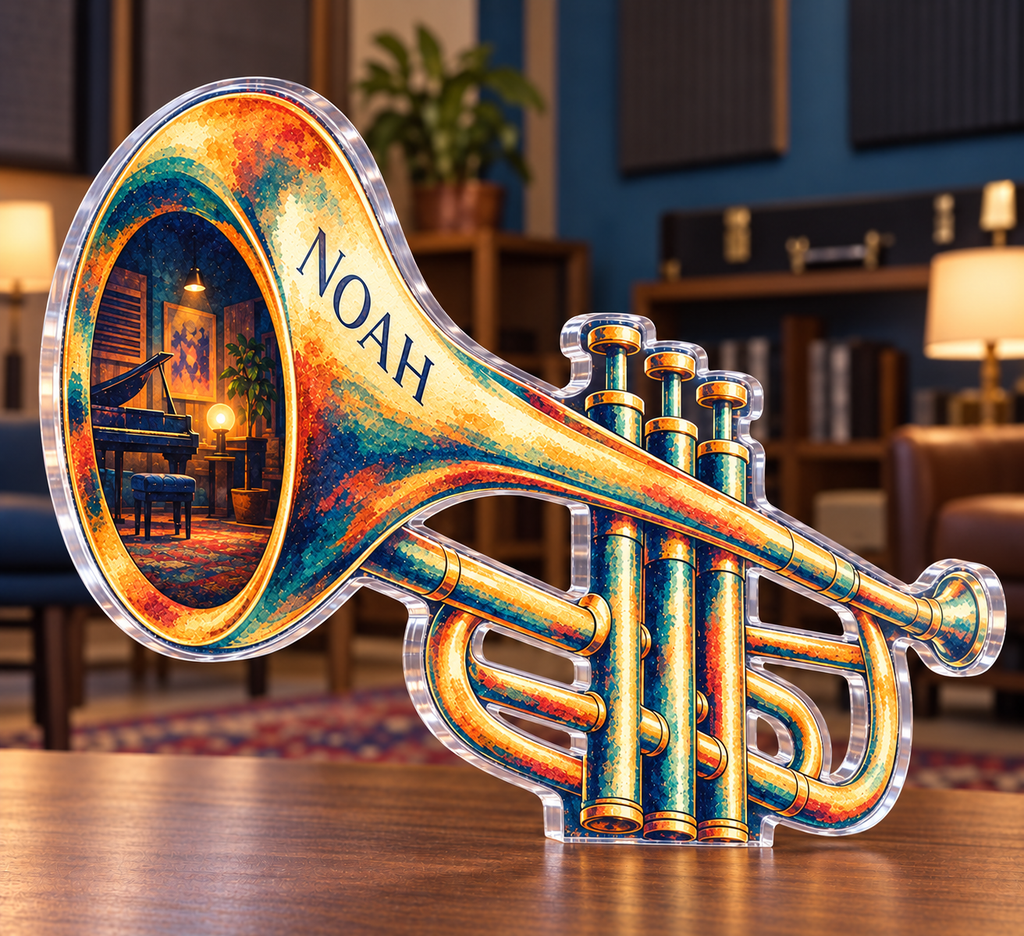 Personalized Trumpet — Hobby Room Centerpiece acrylic plaque with an example name set into the artwork, digital preview