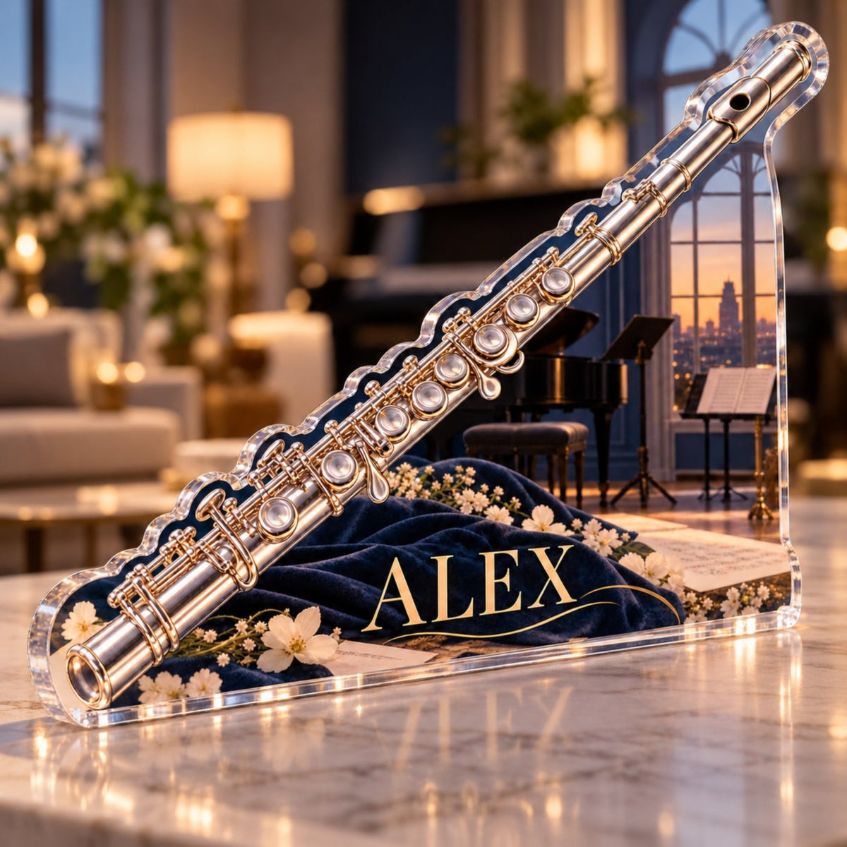 Personalized Flute Studio Wall Identity custom shape acrylic plaque with an example name set into the artwork, digital preview