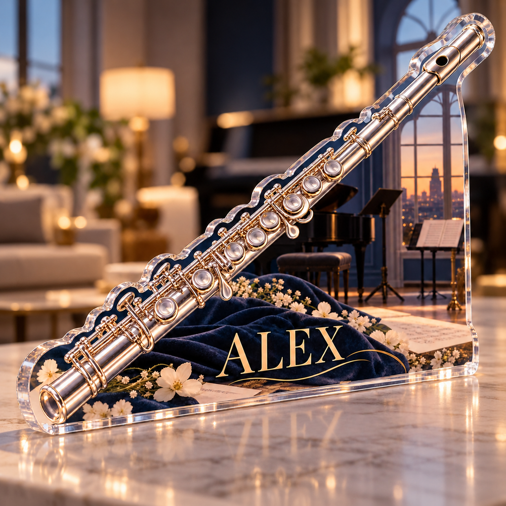 Artwork visualization: Flute — studio wall identity, personalized ALEX, subject-shaped acrylic with printed optical 3D depth; not carved relief.