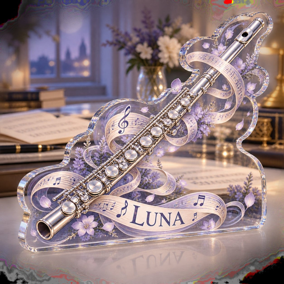 Personalized Flute Creative Desk Setup custom shape acrylic plaque with an example name set into the artwork, digital preview