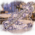 Artwork visualization: Flute — creative desk setup, personalized LUNA, subject-shaped acrylic with printed optical 3D depth; not carved relief.