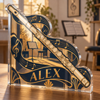 Artwork visualization: Flute — beginner encouragement, personalized ALEX, subject-shaped acrylic with printed optical 3D depth; not carved relief.