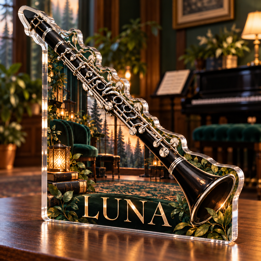 Artwork visualization: Clarinet — studio wall identity, personalized LUNA, subject-shaped acrylic with printed optical 3D depth; not carved relief.