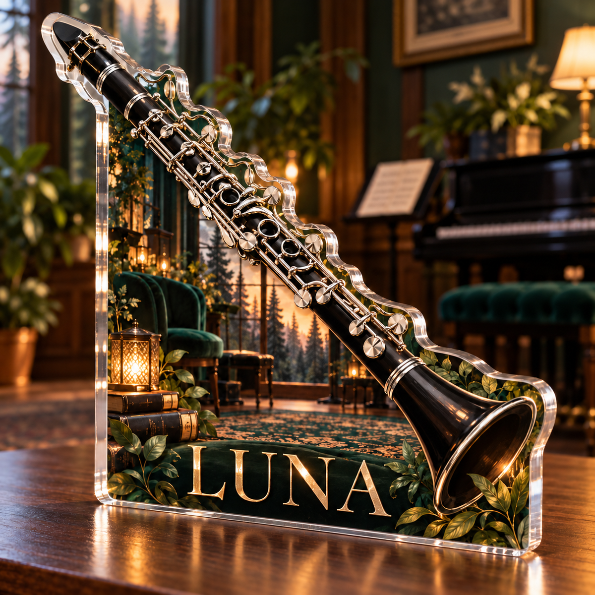 Artwork visualization: Clarinet — studio wall identity, personalized LUNA, subject-shaped acrylic with printed optical 3D depth; not carved relief.