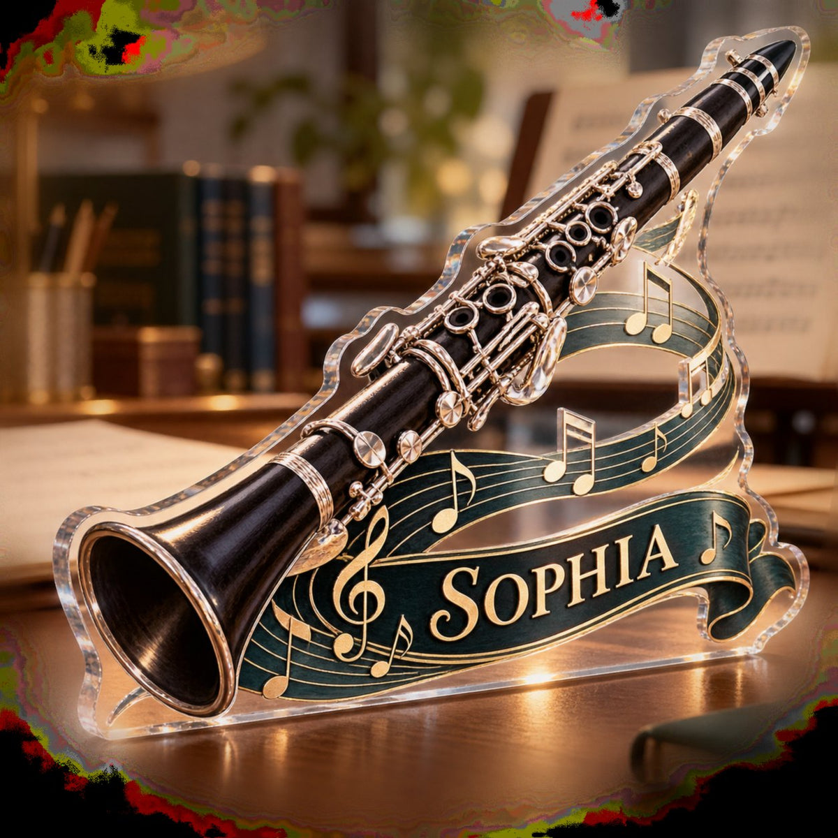 Personalized Clarinet Creative Desk Setup custom shape acrylic plaque with an example name set into the artwork, digital preview