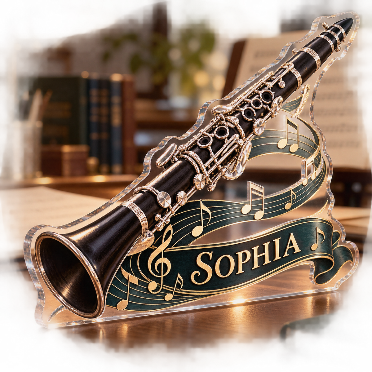 Artwork visualization: Clarinet — creative desk setup, personalized SOPHIA, subject-shaped acrylic with printed optical 3D depth; not carved relief.