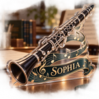 Artwork visualization: Clarinet — creative desk setup, personalized SOPHIA, subject-shaped acrylic with printed optical 3D depth; not carved relief.