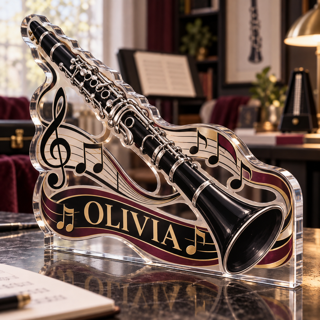 Artwork visualization: Clarinet — beginner encouragement, personalized OLIVIA, subject-shaped acrylic with printed optical 3D depth; not carved relief.
