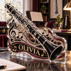Artwork visualization: Clarinet — beginner encouragement, personalized OLIVIA, subject-shaped acrylic with printed optical 3D depth; not carved relief.