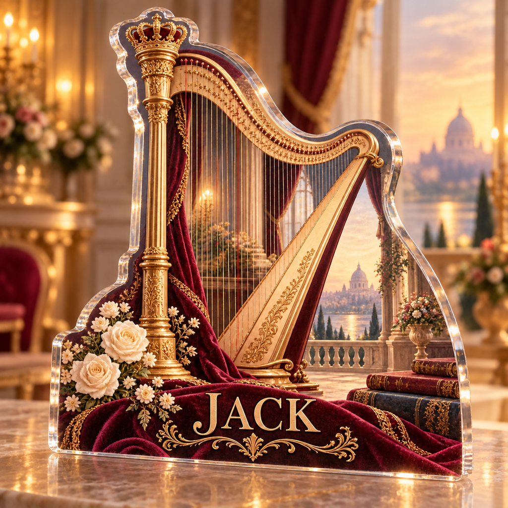 Artwork visualization: Harp — studio wall identity, personalized JACK, subject-shaped acrylic with printed optical 3D depth; not carved relief.