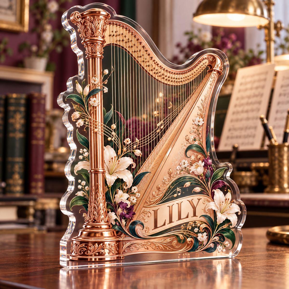 Artwork visualization: Harp — creative desk setup, personalized LILY, subject-shaped acrylic with printed optical 3D depth; not carved relief.