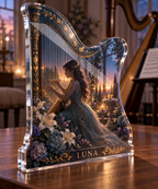 Artwork visualization: Harp — everyday hobby identity, personalized LUNA, subject-shaped acrylic with printed optical 3D depth; not carved relief.