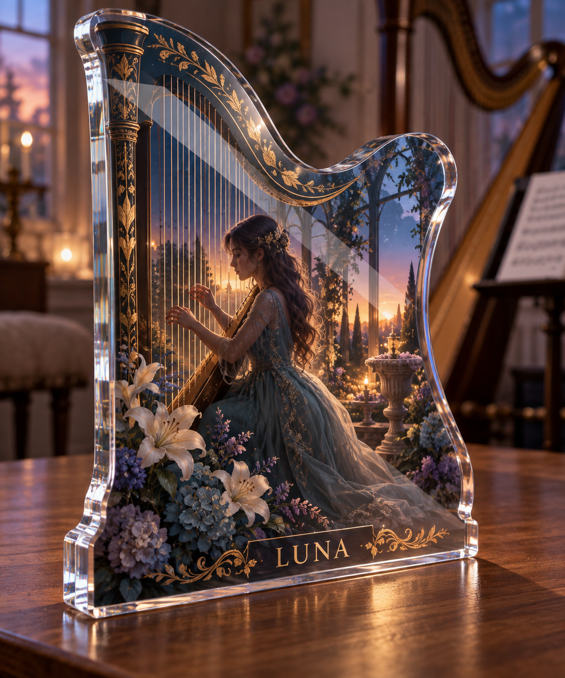 Artwork visualization: Harp — everyday hobby identity, personalized LUNA, subject-shaped acrylic with printed optical 3D depth; not carved relief.