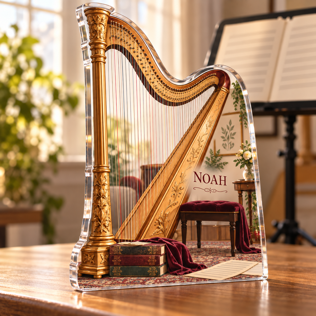 Artwork visualization: Harp — beginner encouragement, personalized NOAH, subject-shaped acrylic with printed optical 3D depth; not carved relief.