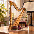 Artwork visualization: Harp — beginner encouragement, personalized NOAH, subject-shaped acrylic with printed optical 3D depth; not carved relief.