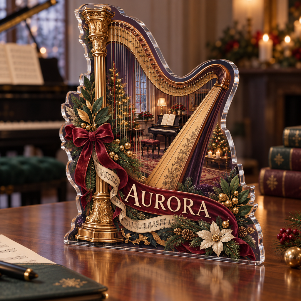 Artwork visualization: Harp — mentor appreciation, personalized AURORA, subject-shaped acrylic with printed optical 3D depth; not carved relief.