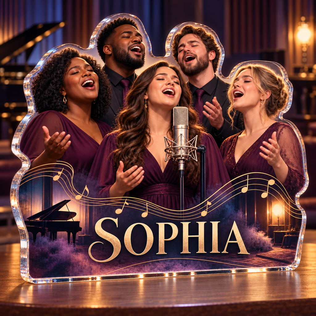 Artwork visualization: Choir singing — studio wall identity, personalized SOPHIA, subject-shaped acrylic with printed optical 3D depth; not carved relief.