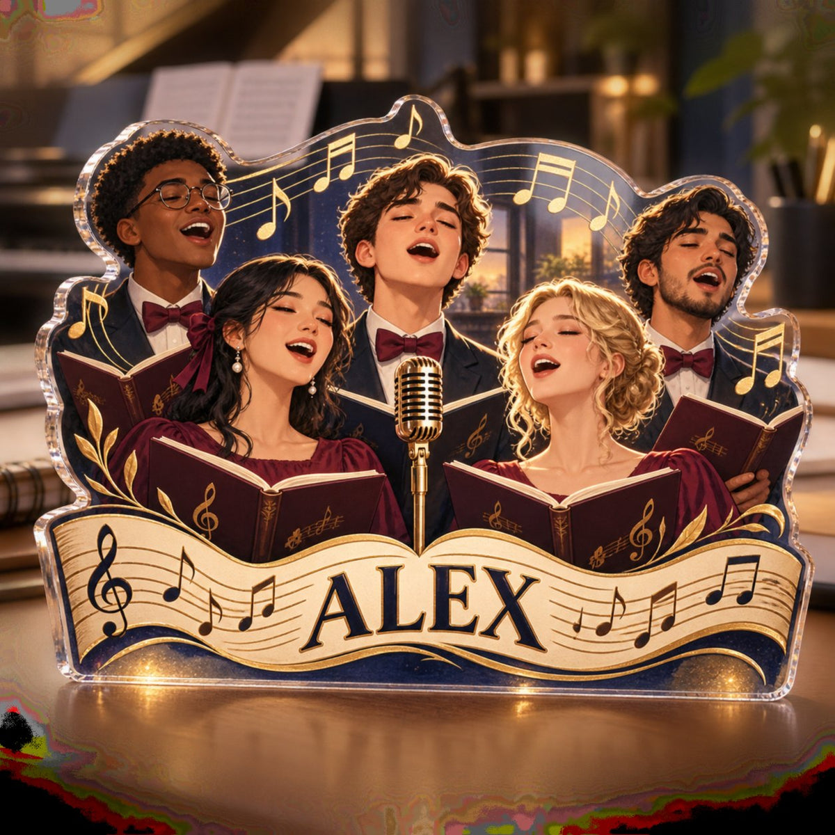 Personalized Choir Singing Creative Desk Setup custom shape acrylic plaque with an example name set into the artwork, digital preview