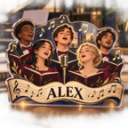 Artwork visualization: Choir singing — creative desk setup, personalized ALEX, subject-shaped acrylic with printed optical 3D depth; not carved relief.